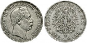 Hessen
Ludwig III., 1848-1877
5 Mark 1876 H. sehr schön, winz. Randfehler, überdurchschnittlich