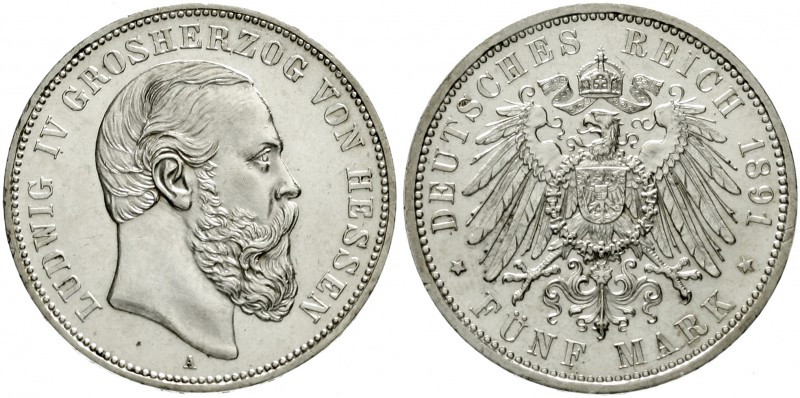 Hessen
Ludwig IV., 1877-1892
5 Mark 1891 A. vorzüglich/Stempelglanz, winz. Kra...
