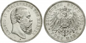 Hessen
Ludwig IV., 1877-1892
5 Mark 1891 A. vorzüglich/Stempelglanz, winz. Kratzer und kl. Randfehler