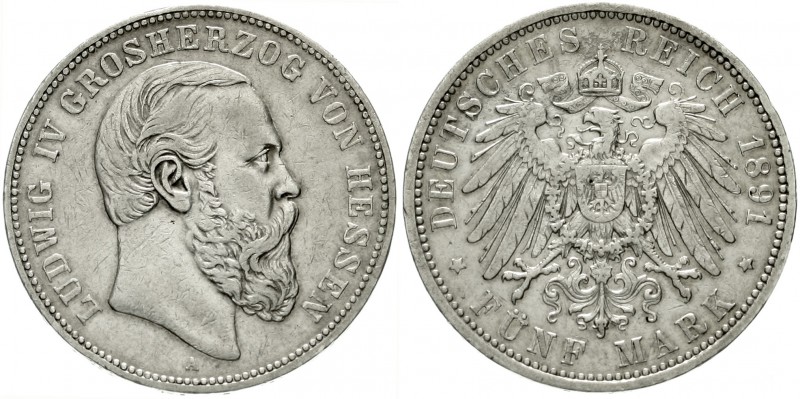 Hessen
Ludwig IV., 1877-1892
5 Mark 1891 A. sehr schön, kl. Randfehler und Kra...
