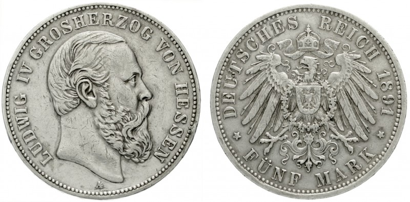 Hessen
Ludwig IV., 1877-1892
5 Mark 1891 A. sehr schön, kl. Kratzer und Randfe...