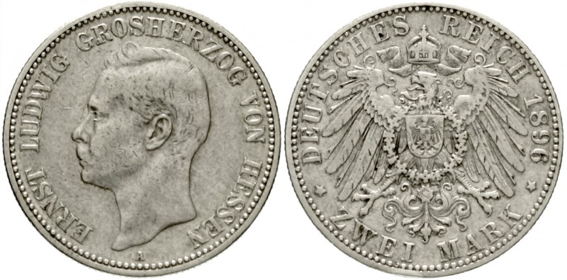 Hessen
Ernst Ludwig, 1892-1918
2 Mark 1896 A. sehr schön, kl. Randfehler