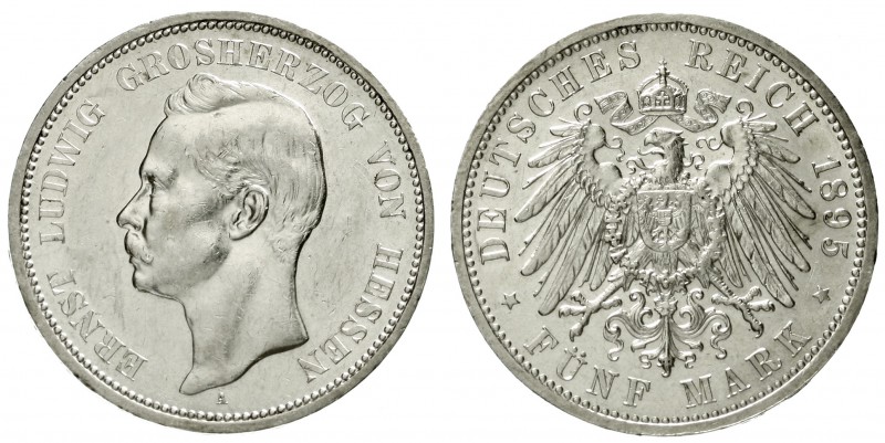 Hessen
Ernst Ludwig, 1892-1918
5 Mark 1895 A. gutes vorzüglich, winz. Randfehl...