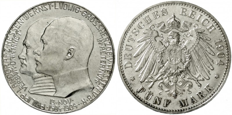 Hessen
Ernst Ludwig, 1892-1918
5 Mark 1904. Zum 400. Geburtstag.
vorzüglich/S...