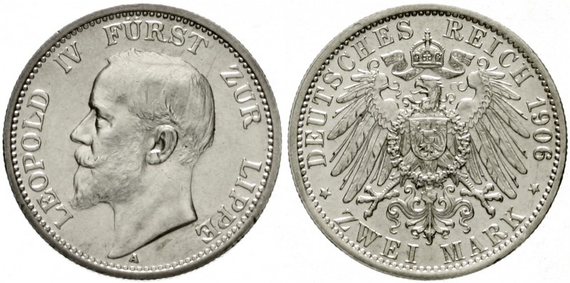 Lippe
Leopold IV., 1904-1918
2 Mark 1906 A. vorzüglich/Stempelglanz