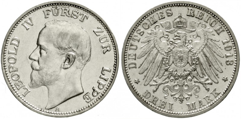 Lippe
Leopold IV., 1904-1918
3 Mark 1913 A. gutes vorzüglich, Randfehler