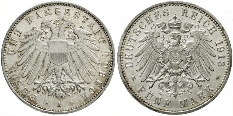 Lübeck
5 Mark 1913 A. Auflage nur 6 T. Ex.
fast Stempelglanz, winz. Kratzer, s...
