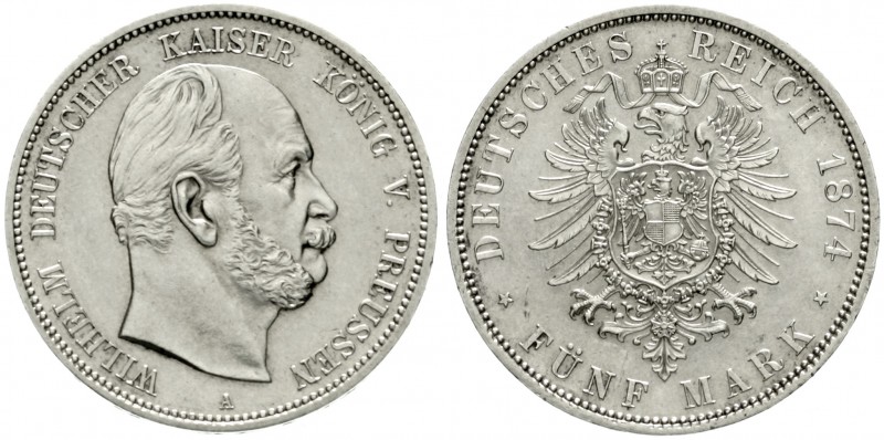 Preußen
Wilhelm I., 1861-1888
5 Mark 1874 A. prägefrisch/fast Stempelglanz, wi...