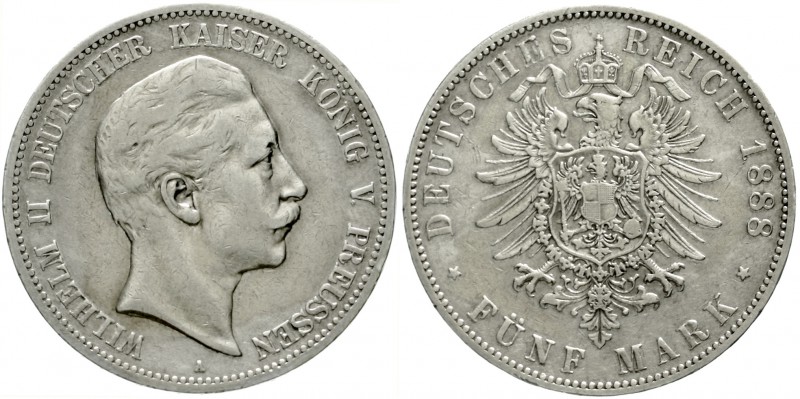 Preußen
Wilhelm II., 1888-1918
5 Mark 1888 A. Kl. Adler.
fast sehr schön, kl....