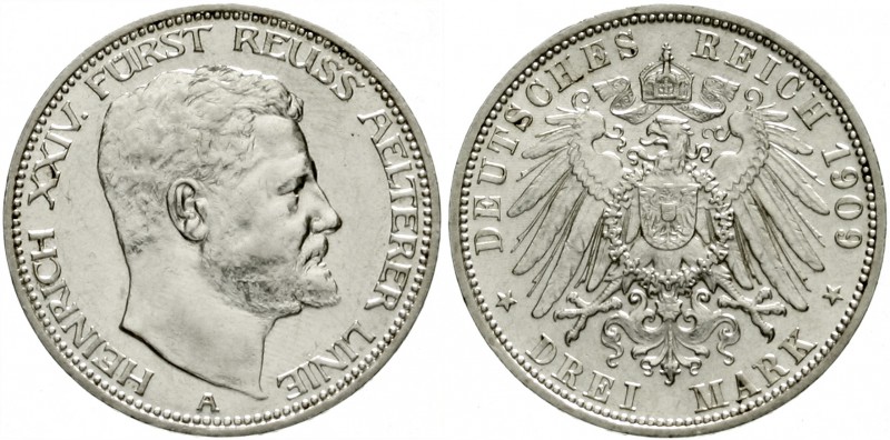 Reuß, ältere Linie
Heinrich XXIV., 1902-1918
3 Mark 1909 A. vorzüglich/Stempel...