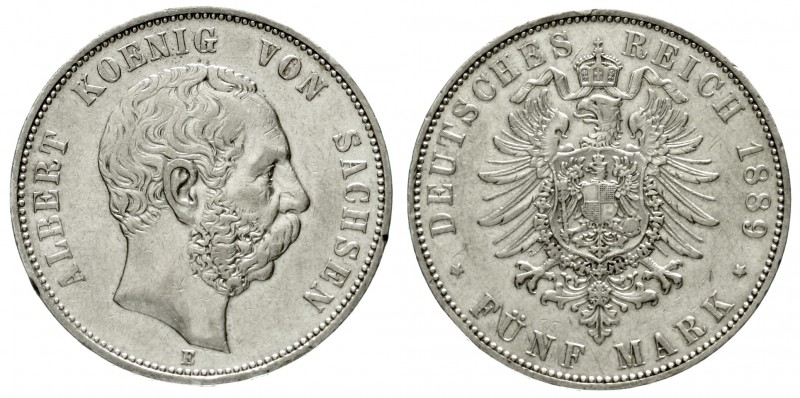 Sachsen
Albert, 1873-1902
5 Mark 1889 E. Seltener Jahrgang.
fast sehr schön, ...