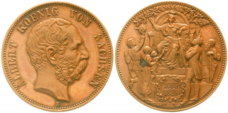 Sachsen
Albert, 1873-1902
Kupfermedaille in 5 Mark-Größe. 1889 E. Wettinfeier....