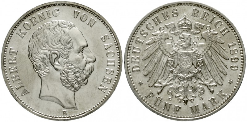 Sachsen
Albert, 1873-1902
5 Mark 1899 E. prägefrisch/fast Stempelglanz, selten...