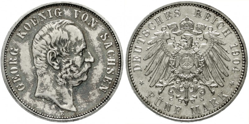Sachsen
Georg, 1902-1904
5 Mark 1904 E. vorzüglich/Stempelglanz, Vs. schöne Pa...
