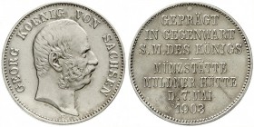 Sachsen
Georg, 1902-1904
Denkmünze in 2 Mark-Grösse 1903. Auf den Münzbesuch in der Muldener Hütte.
kl. gestopftes Loch und kl. Randfehler, optisch...