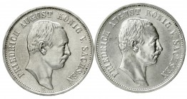 Sachsen
Friedrich August III., 1904-1918
2 X 3 Mark: 1909 E, 1910 E beide vorzüglich/Stempelglanz
