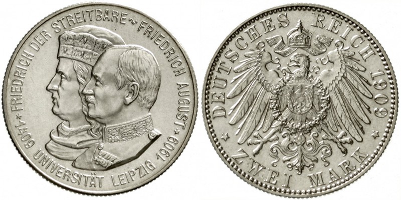 Sachsen
Friedrich August III., 1904-1918
2 Mark 1909. Universität Leipzig.
fa...