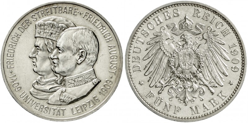 Sachsen
Friedrich August III., 1904-1918
5 Mark 1909. Universität Leipzig.
gu...