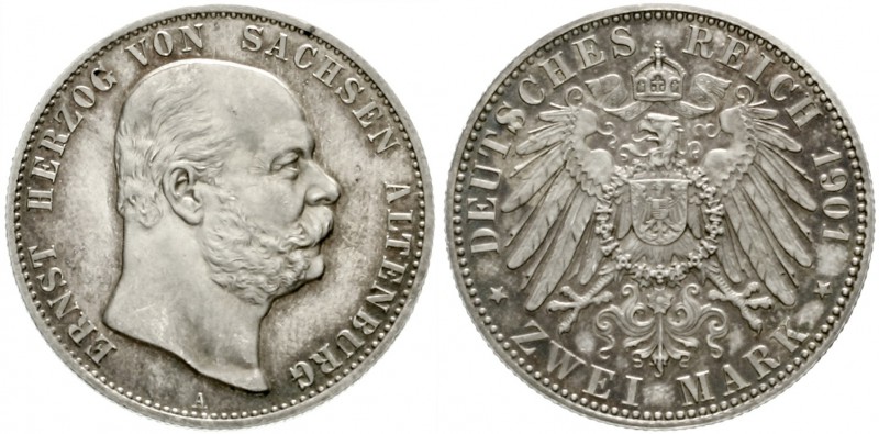 Sachsen/-Altenburg
Ernst, 1853-1908
2 Mark 1901 A. Auflage nur 500 Ex.
Polier...