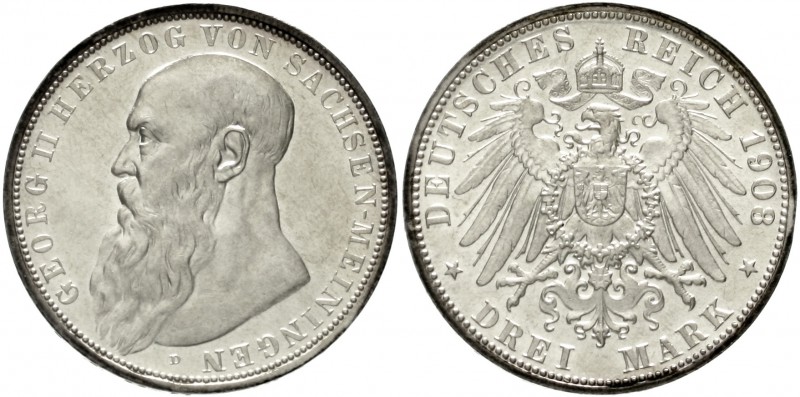 Sachsen-Meiningen
Georg II., 1866-1914
3 Mark 1908 D. gutes vorzüglich aus Pol...