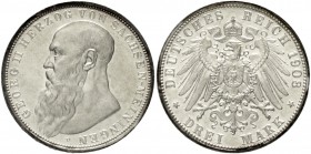 Sachsen-Meiningen
Georg II., 1866-1914
3 Mark 1908 D. gutes vorzüglich aus Polierte Platte, berieben, Randfehler