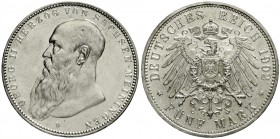 Sachsen-Meiningen
Georg II., 1866-1914
5 Mark 1902 D. Bart berührt Perlkreis nicht.
prägefrisch/fast Stempelglanz, Prachtexemplar
