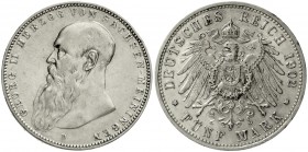 Sachsen-Meiningen
Georg II., 1866-1914
5 Mark 1902 D, Bart berührt Perlkreis nicht.
sehr schön, kl. Randfehler