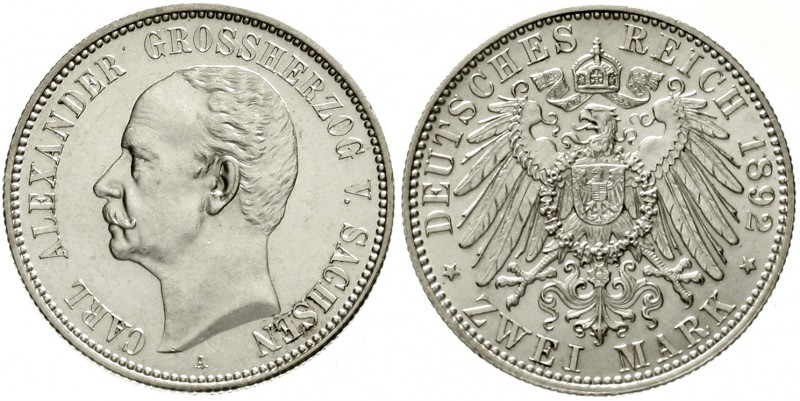 Sachsen/-Weimar-Eisenach
Carl Alexander, 1853-1901
2 Mark 1892 A. prägefrisch