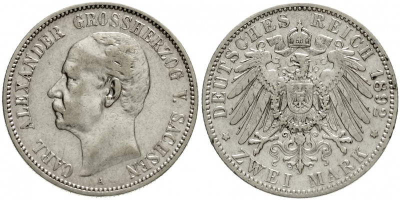 Sachsen/-Weimar-Eisenach
Carl Alexander, 1853-1901
2 Mark 1892 A. sehr schön