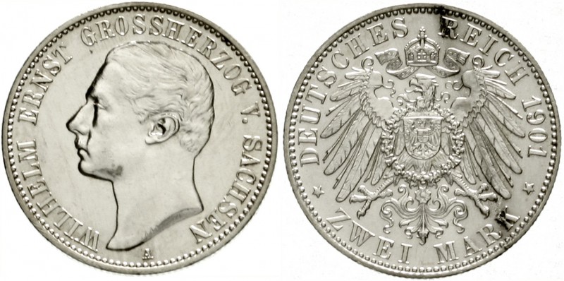 Sachsen/-Weimar-Eisenach
Wilhelm Ernst, 1901-1918
2 Mark 1901 A. vorzüglich/St...