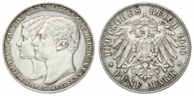 Sachsen/-Weimar-Eisenach
Wilhelm Ernst, 1901-1918
5 Mark 1903 A. Zur Hochzeit.
vorzüglich, schöne Patina