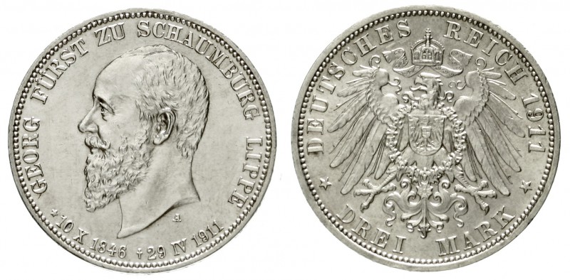 Schaumburg-Lippe
Georg, 1893-1911
3 Mark 1911 A. Auf seinen Tod.
vorzüglich/S...