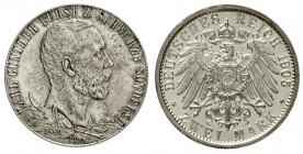 Schwarzburg/-Sondershausen
Karl Günther, 1880-1909
2 Mark 1905. 25 jähr. Regierungsj., breiter Randstab.
Polierte Platte, Vs. leichte Patina