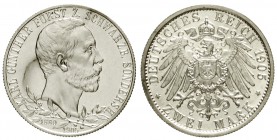Schwarzburg/-Sondershausen
Karl Günther, 1880-1909
2 Mark 1905. 25 jähr. Regierungsj., breiter Randstab.
Polierte Platte, kl. Kratzer und Fleck