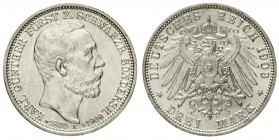 Schwarzburg/-Sondershausen
Karl Günther, 1880-1909
3 Mark 1909 A. Auf seinen Tod.
fast Stempelglanz