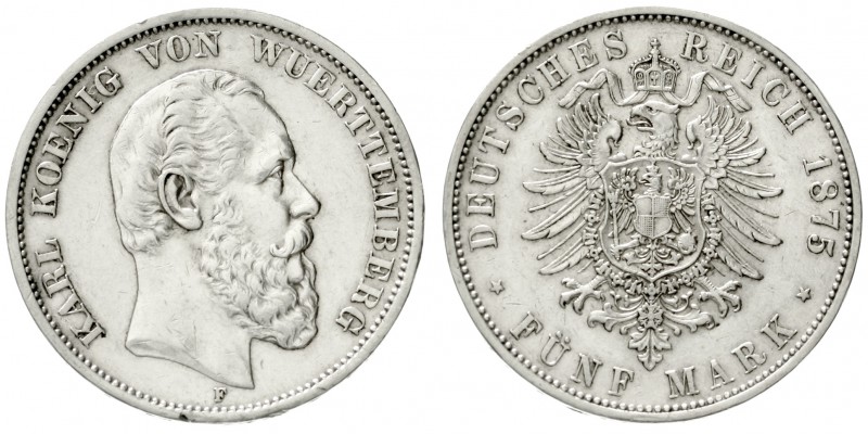 Württemberg
Karl, 1864-1891
5 Mark 1875 F. vorzüglich, winz. Randfehler und kl...