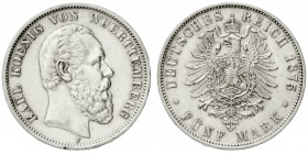 Württemberg
Karl, 1864-1891
5 Mark 1875 F. vorzüglich, winz. Randfehler und kl. Kratzer