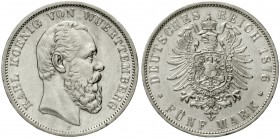 Württemberg
Karl, 1864-1891
5 Mark 1876 F. gutes vorzüglich
