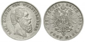 Württemberg
Karl, 1864-1891
5 Mark 1888 F. sehr schön, kl. Randfehler