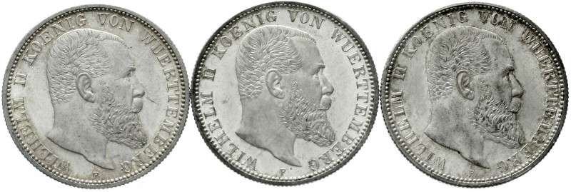 Württemberg
Wilhelm II., 1891-1918
3 Stück: 2 Mark 1903 F, 1904 F und 1905 F....