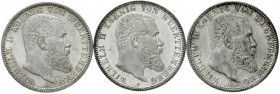 Württemberg
Wilhelm II., 1891-1918
3 Stück: 2 Mark 1903 F, 1904 F und 1905 F.
alle fast Stempelglanz