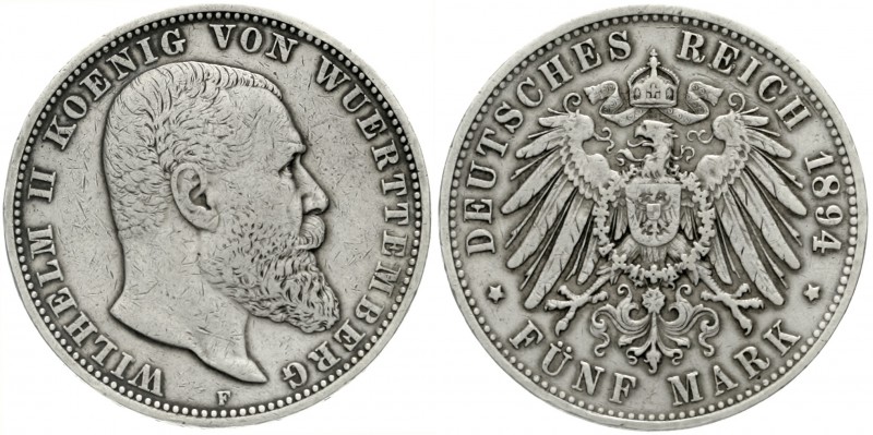 Württemberg
Wilhelm II., 1891-1918
5 Mark 1894 F. sehr schön, sehr selten
