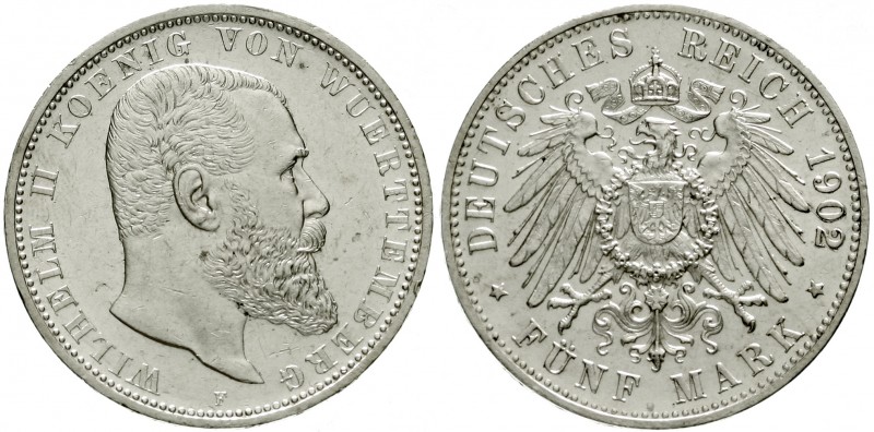 Württemberg
Wilhelm II., 1891-1918
5 Mark 1902 F. vorzüglich/Stempelglanz