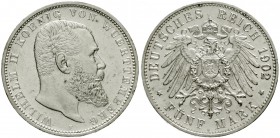 Württemberg
Wilhelm II., 1891-1918
5 Mark 1902 F. vorzüglich/Stempelglanz