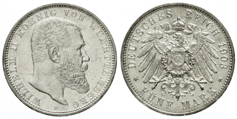 Württemberg
Wilhelm II., 1891-1918
5 Mark 1903 F. sehr schön, kl. Kratzer