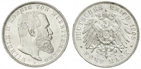 Württemberg
Wilhelm II., 1891-1918
5 Mark 1908 F. vorzüglich, winz Randfehler
