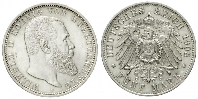 Württemberg
Wilhelm II., 1891-1918
5 Mark 1908 F. vorzüglich/Stempelglanz, win...