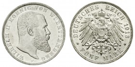 Württemberg
Wilhelm II., 1891-1918
5 Mark 1913 F. vorzüglich/Stempelglanz, winz. Randfehler