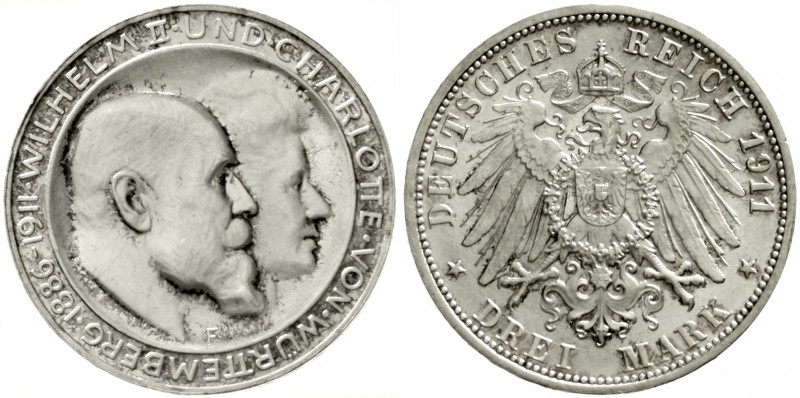 Württemberg
Wilhelm II., 1891-1918
3 Mark 1911 F. Zur silbernen Hochzeit.
fei...