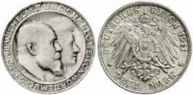 Württemberg
Wilhelm II., 1891-1918
3 Mark 1911 F. Zur silbernen Hochzeit.
feinster Stempelglanz, Prachtexemplar